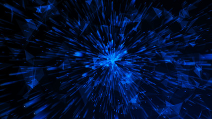Visualization of electron particles in the world of atoms and molecules. Network nodes blue plexus background. Network connection concept. 3D rendering.