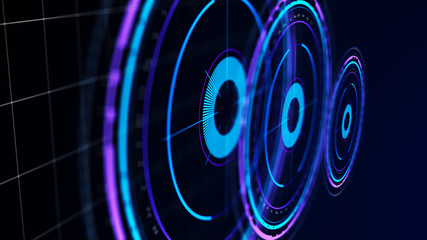 Futuristic control mechanisms on net background.Scientific futuristic interface. Round blue abstract radar concept.3D rendering.