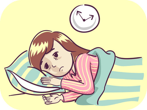 woman in bed, clock, tired, pink pajamas clip art preview