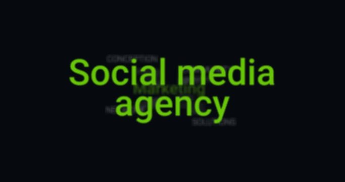 Video Animation showing the service of a social media agency (e.g. marketing, conception, network, solution). Black background, green text. Tag Cloud