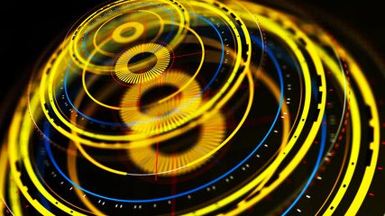 Futuristic control mechanisms on net background.Scientific futuristic interface. Round yellow...