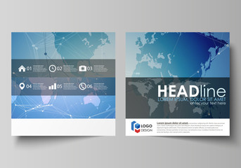 The minimalistic vector illustration of the editable layout of two square format covers design templates for brochure, flyer, booklet. World map on blue, geometric technology design, polygonal texture