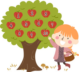 Kid Girl Pick Apple Numbers Illustration