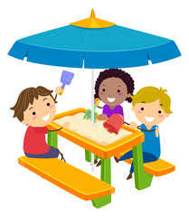 Stickman Kids Picnic Table Sand Illustration