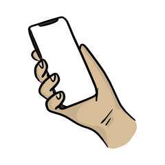 hand holding smartphone with notch display vector illustration sketch doodle hand drawn with black lines isolated on white background