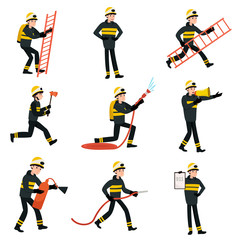 Firefighter Wearing Black Protective Uniform and Helmet at Work with Rescue Equipment Set, Professional Male Freman Character Doing His Job Vector Illustration