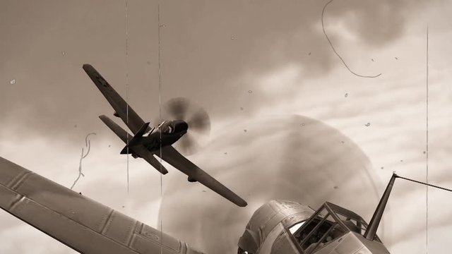 Dogfight - Air combat between two propeller military fighter aircrafts from the WW2 - old vintage movie loock