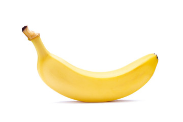 Single yellow ripe banana isolated on white background. Fiber fruits