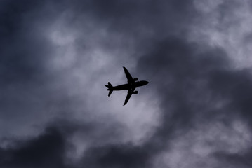 Fototapeta na wymiar A passenger aircraft during take off in front of a dramatic sky, representing downturn problematic business environment