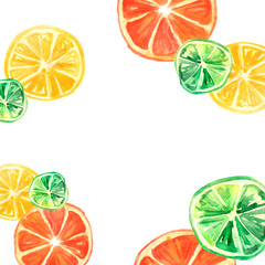 Watercolor invitation, composition, greeting card from orange pattern, tangerine, citrus slices, splash of paint on isolated background. Stylish detail, hand-drawn, for your design.