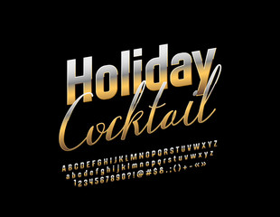 Vector Elegant label Holiday Cocktail with Golden Font. Chic metallic Alphabet Letters, Numbers and Symbols. 