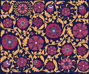 Vector floral seamless pattern. Uzbek suzani national ornament for textile embroidery. Arabic, Indian, Turkish style flowers background. Bohemian ornament for taps.