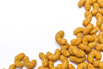 Peanut flips full frame viewed directly from above. Top view. Copy space