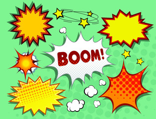 Set for comics and for cartoons. Visualization of sound effects. Explosions, flashes, shots. Vector Illustration.