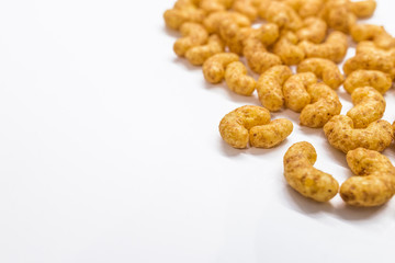 Peanut flips full frame viewed directly from above. Top view. Copy space