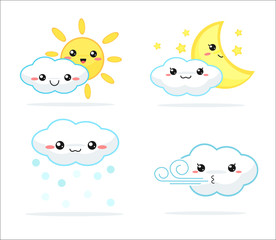 Weather forecast kawaii cartoon rainbow clouds, sun and moon that look cute and colorful.