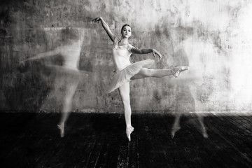 Ballerina in motion. Beautiful woman ballet dancer. Multiple exposure black and white. - obrazy, fototapety, plakaty