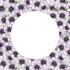 Watercolor vintage flowers wreath. Hand painted round frame with posy roses, ranunculus, anemones, leaves and floral element