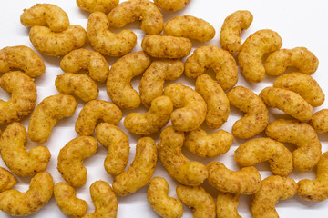 Peanut flips full frame viewed directly from above. Top view. Copy space