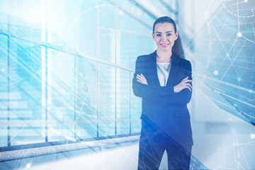 Businesswoman in office, hud interface