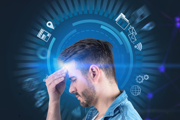 Stressed man, internet icons interface