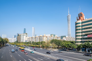 Fototapeta na wymiar Guangzhou Avenue and City Building under the blue sky