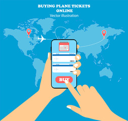 Buy airline tickets online. Concept phone in hand and map of the world.