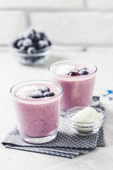 Cherry banana yogurt smoothie. Selective focus, space for text.