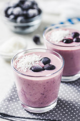 Cherry banana yogurt smoothie. Selective focus, space for text.