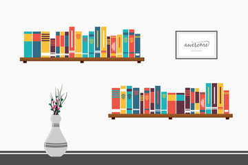 Vector of 2 bookshelves stack of books design illustration colorful design for background interior for house © elmantastic