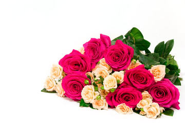 A beautiful bouquet of pink roses with raindrops is on the white background