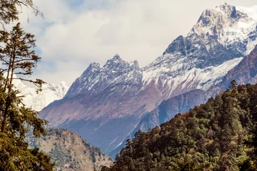 Cercles muraux Manaslu View on Manaslu from Annapurna Circuit Trek, Himalayas, Nepal.Snowy peak of the mountain in the back. Some branches of the tree on the left. Gorge separating mountains in three parts