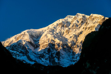 Fototapeta premium Annapurna III captured with the first sun rays on it's peak, during the sunrise. Seen from Chame, Annapurna Circuit Trek, Nepal. Clear sky above the peak. Valley still covered with shadows.