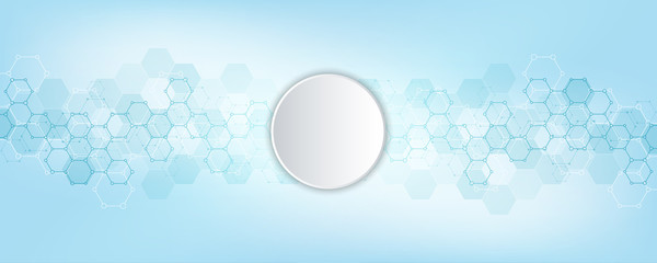 Geometric abstract background with hexagons elements. Medical background texture for modern design. Vector illustration of molecular structures and hexagons pattern. Science and Technology concept.