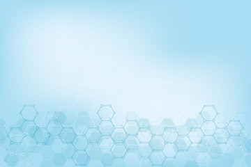 Geometric background texture with molecular structures and chemical engineering. Abstract background of hexagons pattern. Vector illustration for medical or scientific and technological modern design.