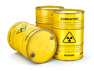 Barrels with radioactive waste isolated on white, Manufacturing of nuclear power and utilization of radioctive materials. © Maksym Yemelyanov