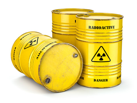 Barrels with radioactive waste isolated on white, Manufacturing of nuclear power and utilization of radioctive materials.