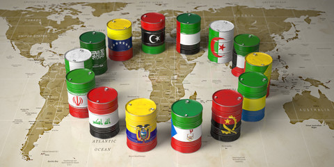 OPEC concept. Oil barrels in color of flags of countries memebers of OPEC on world political map background. - obrazy, fototapety, plakaty