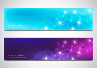 Fototapeta na wymiar Banners and headers for site with molecules background and neural network. Genetic engineering or laboratory research. Abstract geometric texture for medical, science and technology design.