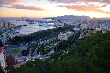 Panorama of the city and the port of Malaga in Spain.