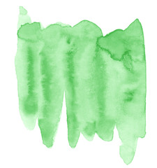 Green watercolor hand-drawn isolated wash stain on white background for text, design. Abstract texture made by brush for wallpaper, label.