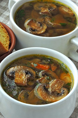 Fresh mushroom soup with crackers.