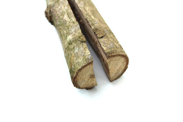 Wood log as firewood and Part of wooden logs with a crack in a white isolated background.