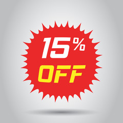Discount sticker vector icon in flat style. Sale tag sign illustration on white background. Promotion 15 percent discount concept.