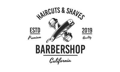 Barbershop logo. Barber shop logo with razor and pole. Vintage poster for barber shop. Retro print for Haircut's salon, T-shirt, typography. Vector graphic template