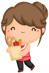 a girl buying groceries in a shopping bag
