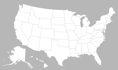 Fotobehang Blanco kaart van de Verenigde Staten van Amerika met staten geïsoleerd op een witte achtergrond. USA kaart achtergrond. Vector illustratie © Denys Holovatiuk