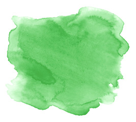 Green watercolor hand-drawn isolated wash stain on white background for text, design. Abstract texture made by brush for wallpaper, label.