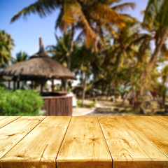 Table background of free space for your product and exotic landscape of palms. 