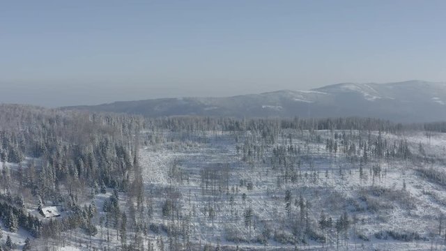 Winter scenery in Silesian Beskids mountains. View from above. DJI Mavic 2 Pro 4k dlog-m ungraded flat.